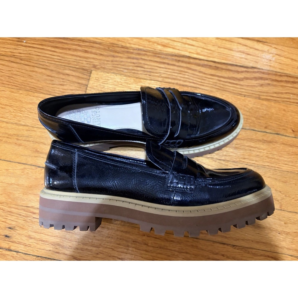 Vince Camuto Mckella Black Patent Leather Block Heel Lug Penny Loafers Shoes Wms